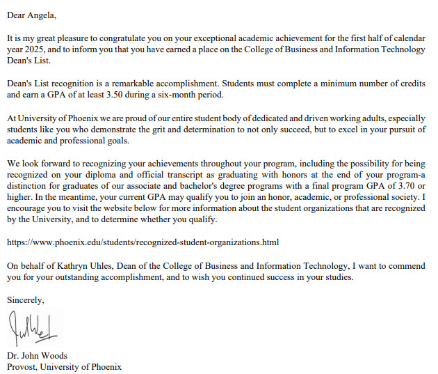 UOPx Dean's List Letter Screenshot