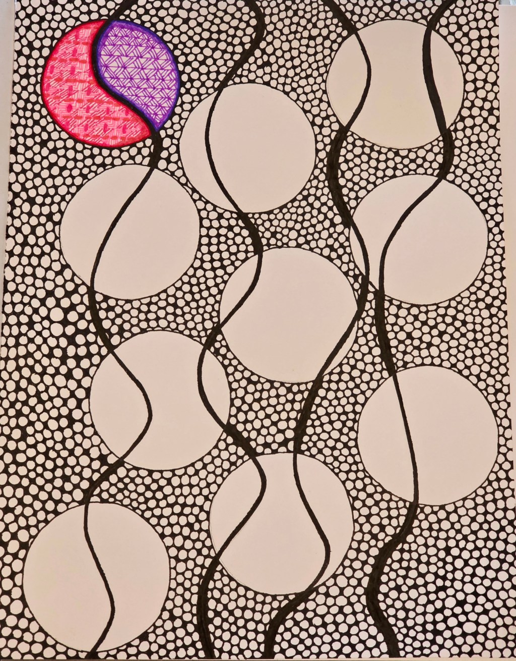 Abstract art work in progress utilizing circles & lines to create zentangle-style patterns.