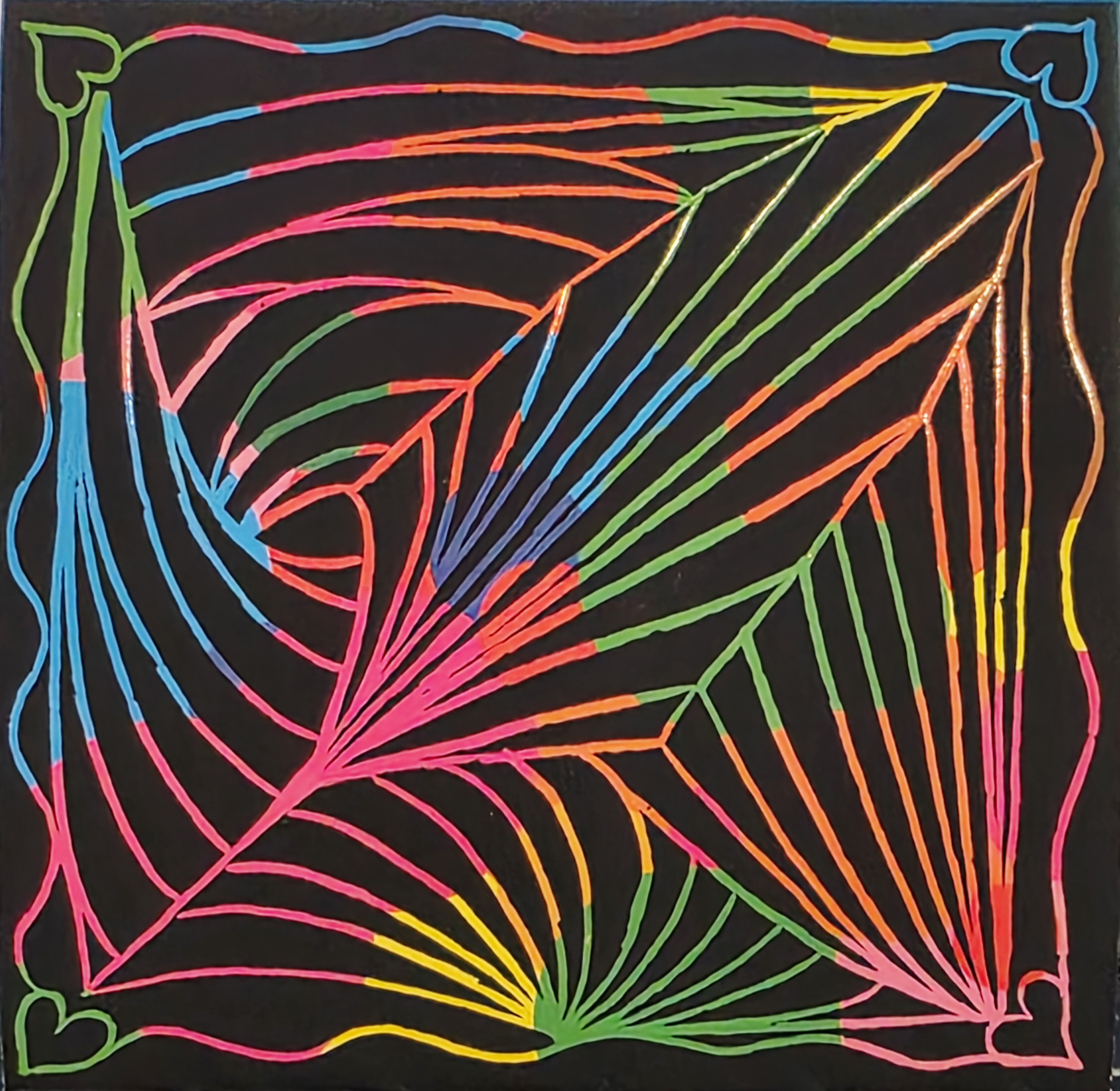 Rainbow colored scratch art using a tangle & line art approach. Patterned lines inside a line and heart border.