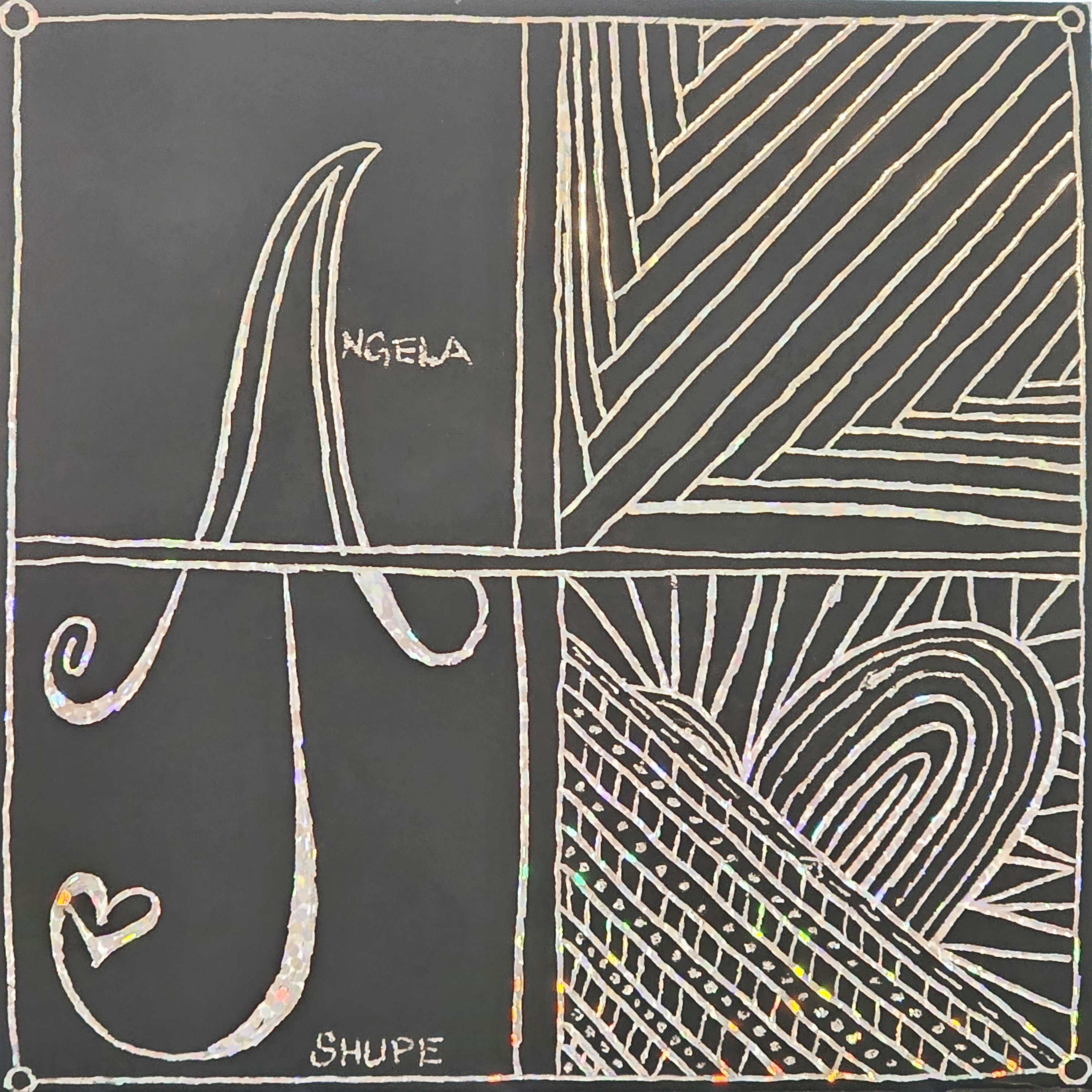 scratch paper line art depicting various patterns, and the name Angela J Shupe using handlettering script & tiny caps lettering.