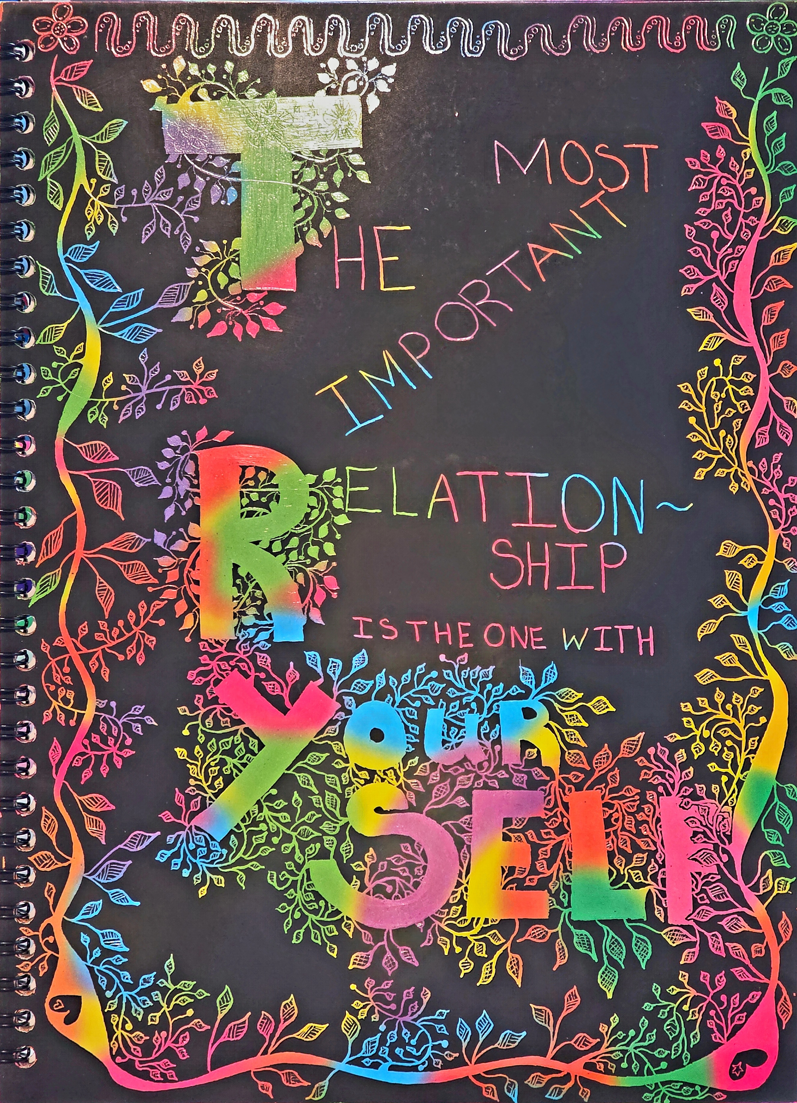 A scratch art design with rainbow colors & a black background that says "The most important relationship is the one with yourself."