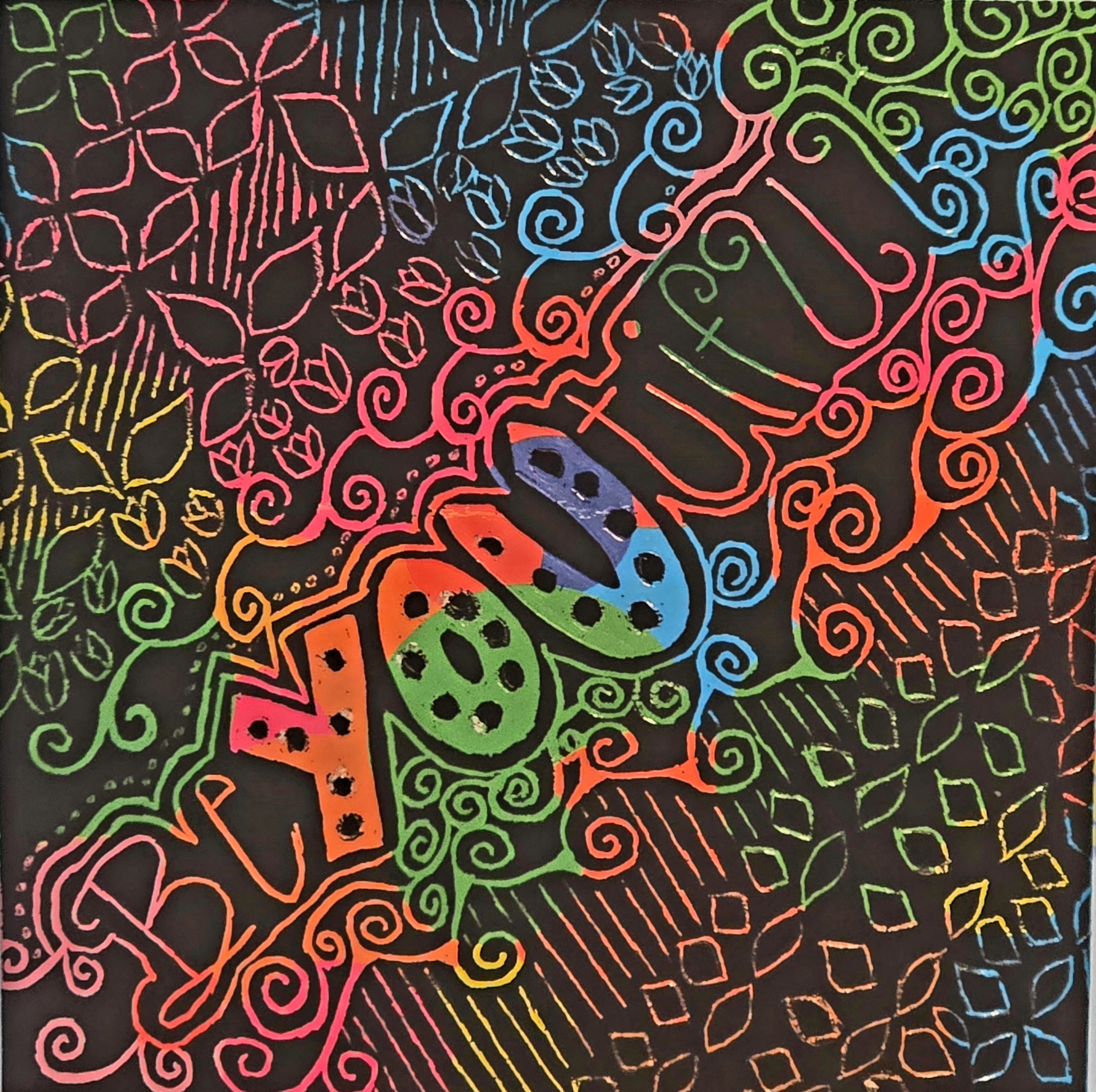 A scratch tangle art piece featuring varying patterns in rainbow colors with the phrase "BeYOUtiful."