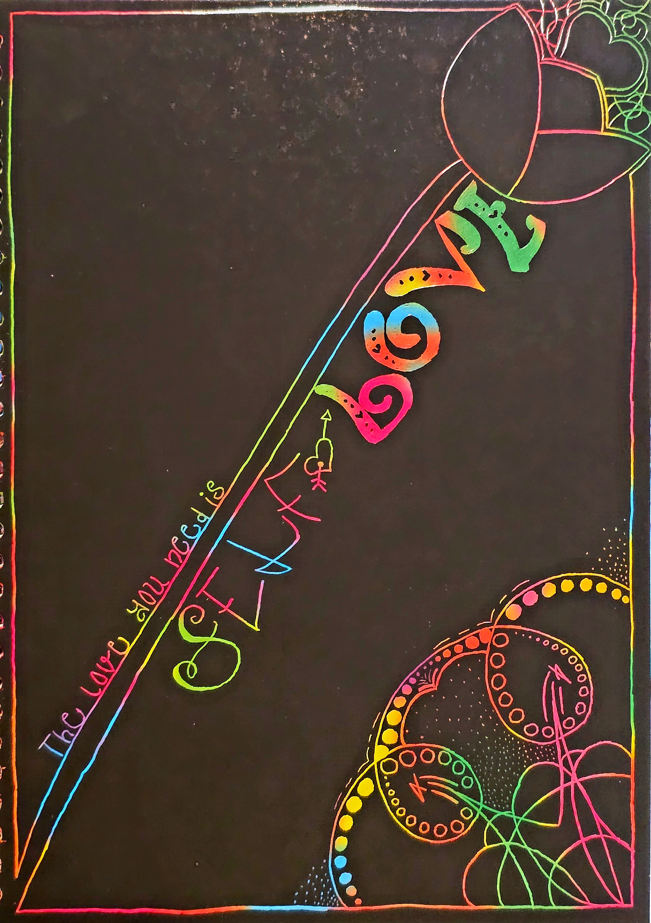 A partially completed scratch art featuring tangles & a tulip with the words, "The love you need is Self-Love."