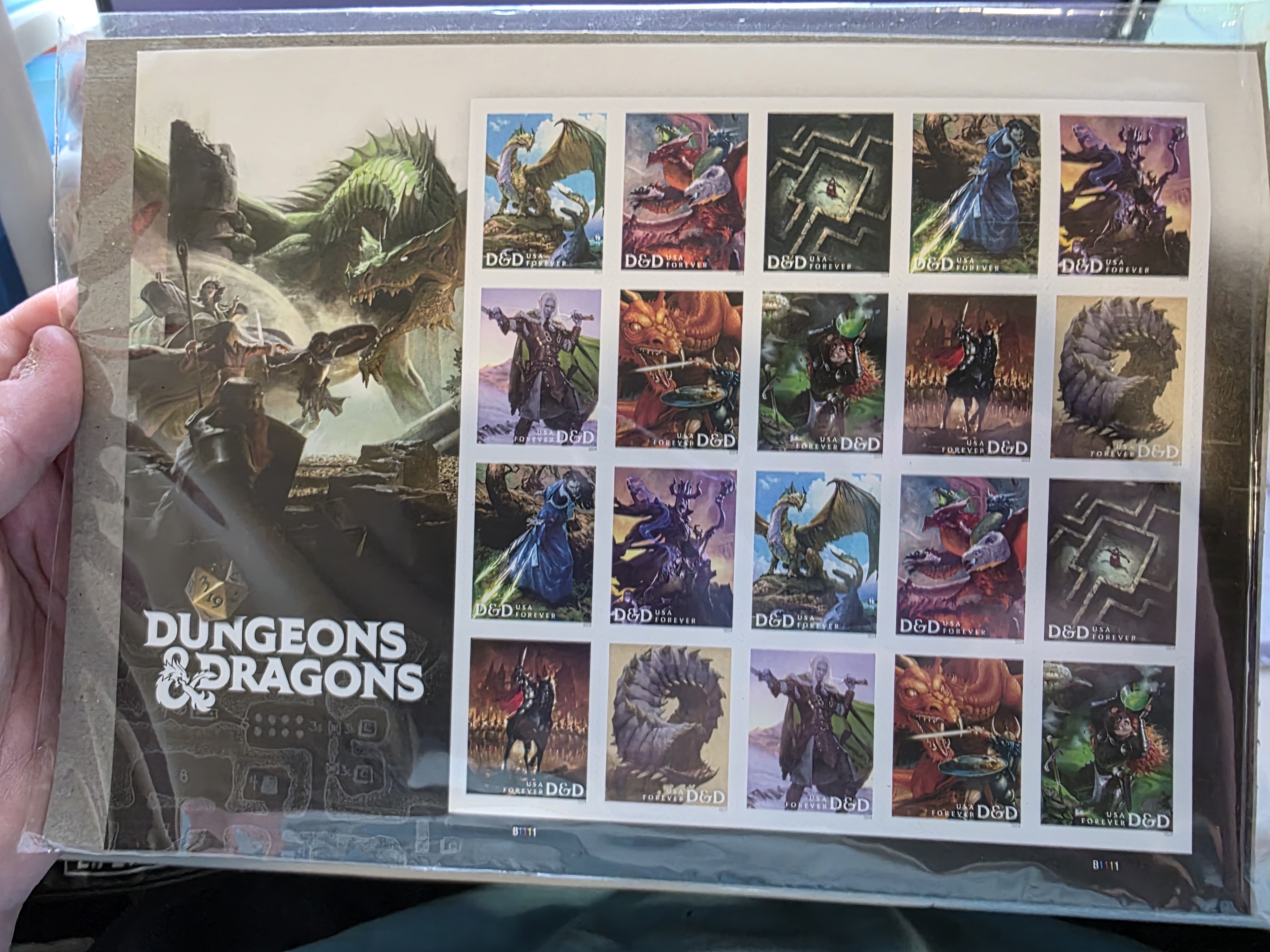 Photo of the USPS Dungeons & Dragons stamp collectors release.